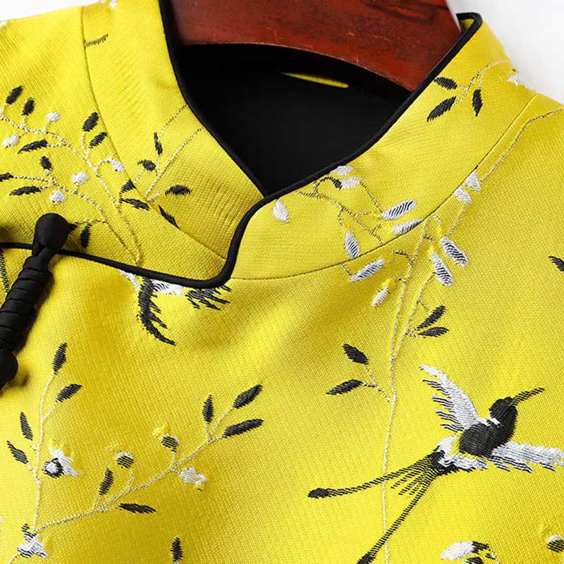 Vintage Embroidery Crane Plants Pattern Knot Button Vest