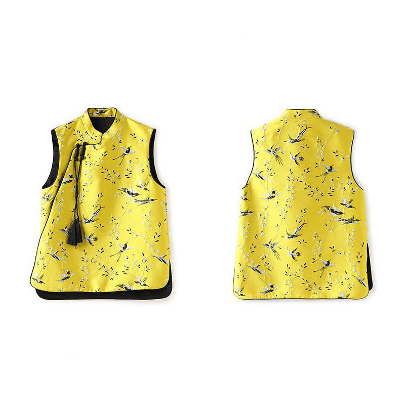 Vintage Embroidery Crane Plants Pattern Knot Button Vest