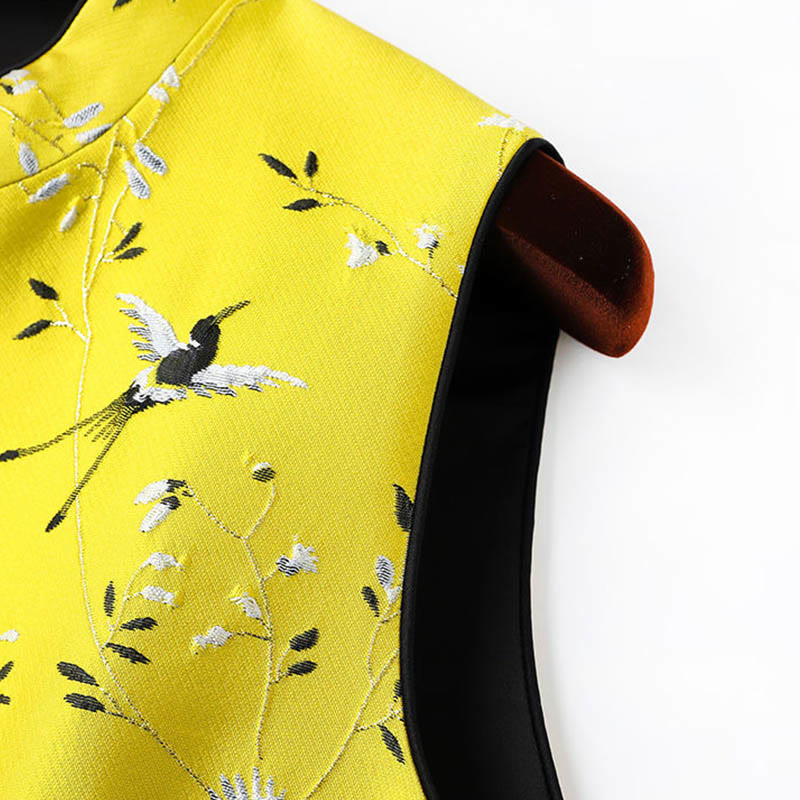 Vintage Embroidery Crane Plants Pattern Knot Button Vest