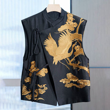 Vintage Embroidery Golden Crane Cloud Pattern Vest