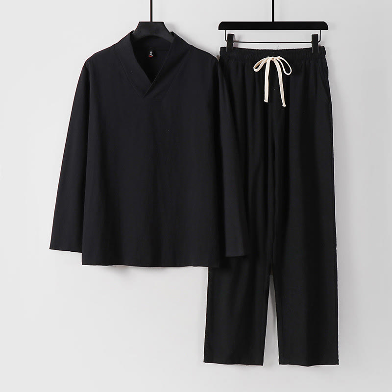 Cross-Collars Cotton Tang Suit Hanfu Top Pants Clothing Men's Set