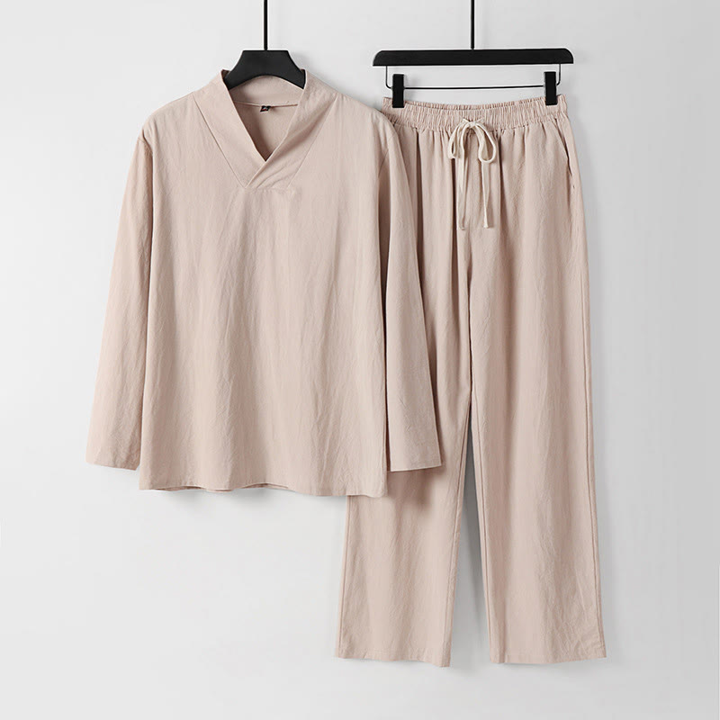 Cross-Collars Cotton Tang Suit Hanfu Top Pants Clothing Men's Set