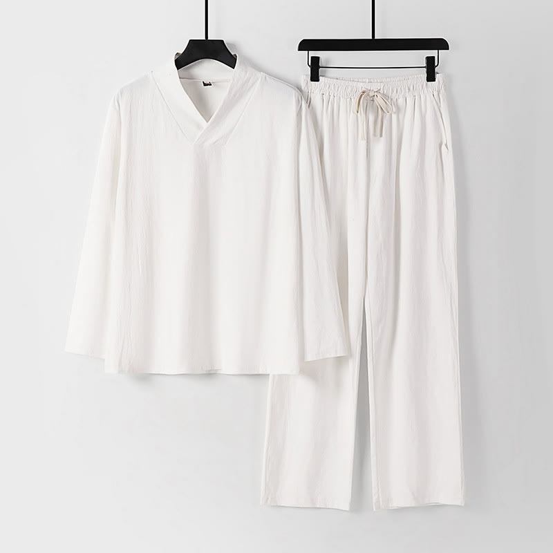 Cross-Collars Cotton Tang Suit Hanfu Top Pants Clothing Men's Set