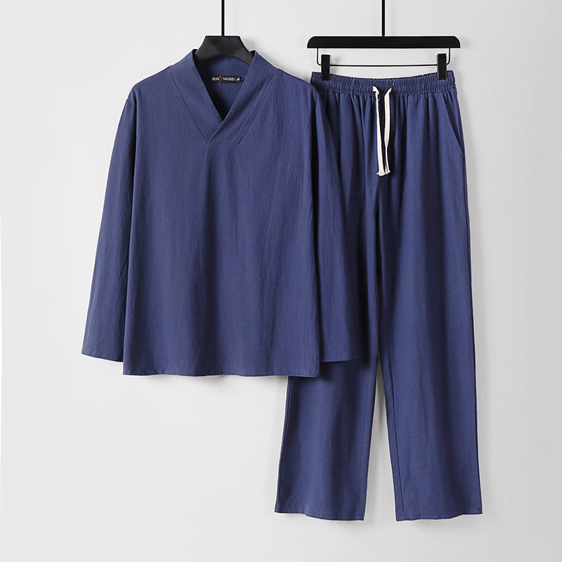 Cross-Collars Cotton Tang Suit Hanfu Top Pants Clothing Men's Set