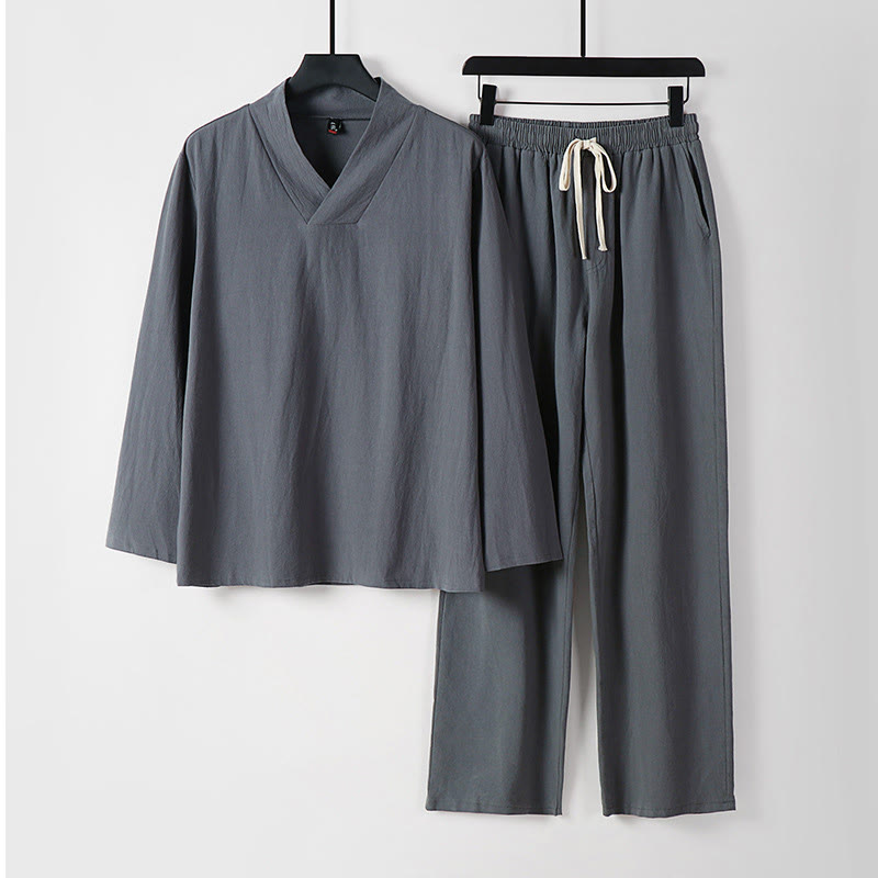 Cross-Collars Cotton Tang Suit Hanfu Top Pants Clothing Men's Set