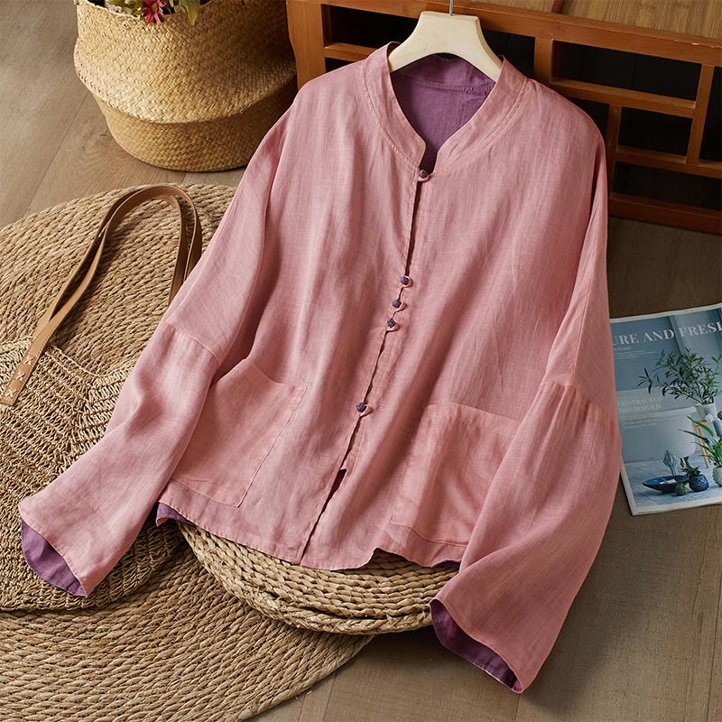 PLUS SIZE V Neck Casual Solid Color Long Sleeve Shirt Cotton Linen Women's Shirts
