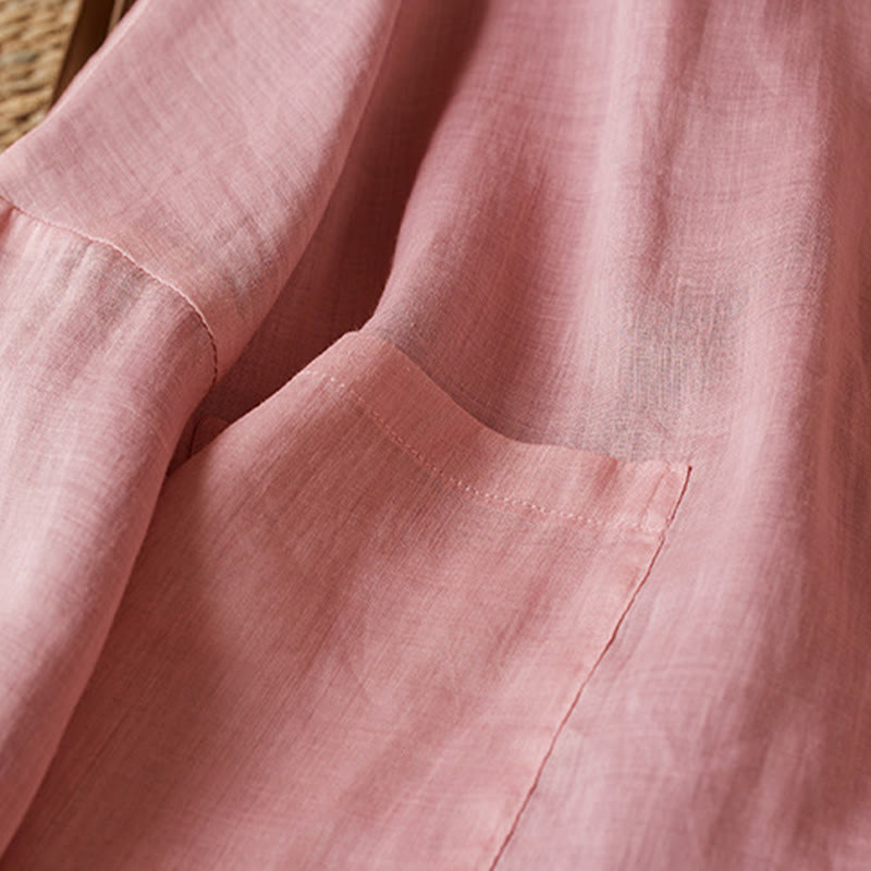 PLUS SIZE V Neck Casual Solid Color Long Sleeve Shirt Cotton Linen Women's Shirts