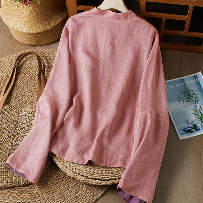 PLUS SIZE V Neck Casual Solid Color Long Sleeve Shirt Cotton Linen Women's Shirts