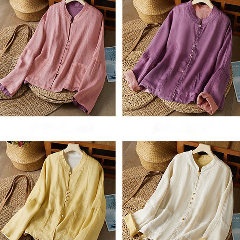 PLUS SIZE V Neck Casual Solid Color Long Sleeve Shirt Cotton Linen Women's Shirts