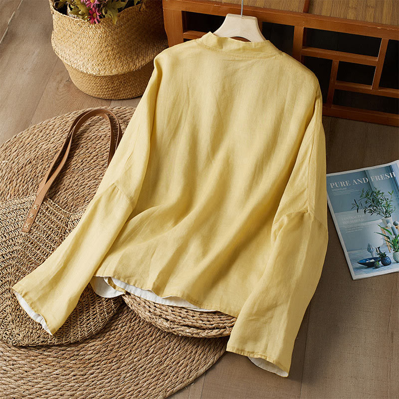 PLUS SIZE V Neck Casual Solid Color Long Sleeve Shirt Cotton Linen Women's Shirts