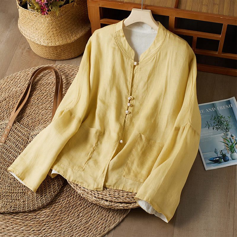PLUS SIZE V Neck Casual Solid Color Long Sleeve Shirt Cotton Linen Women's Shirts