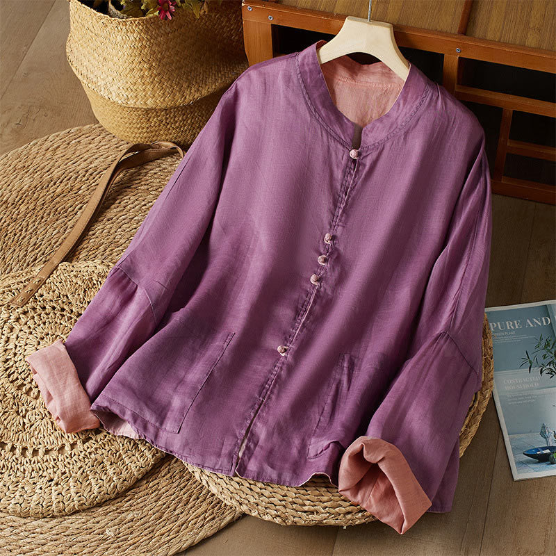 PLUS SIZE V Neck Casual Solid Color Long Sleeve Shirt Cotton Linen Women's Shirts