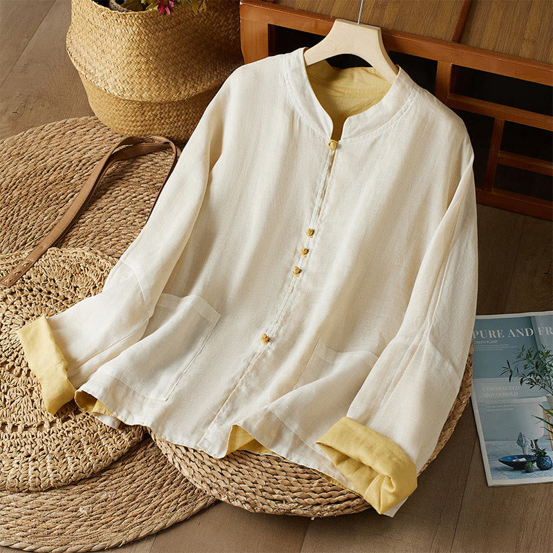 PLUS SIZE V Neck Casual Solid Color Long Sleeve Shirt Cotton Linen Women's Shirts