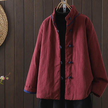 Solid Color Casual Frog-button Turtleneck Cotton Linen Women's Jacket Shirts Clothing