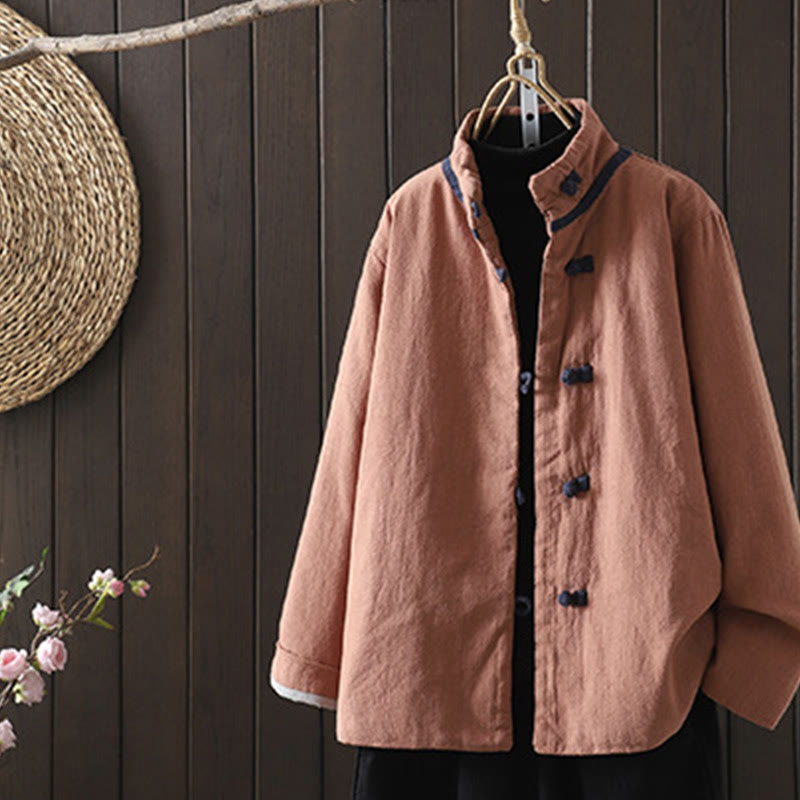 Solid Color Casual Frog-button Turtleneck Cotton Linen Women's Jacket Shirts Clothing
