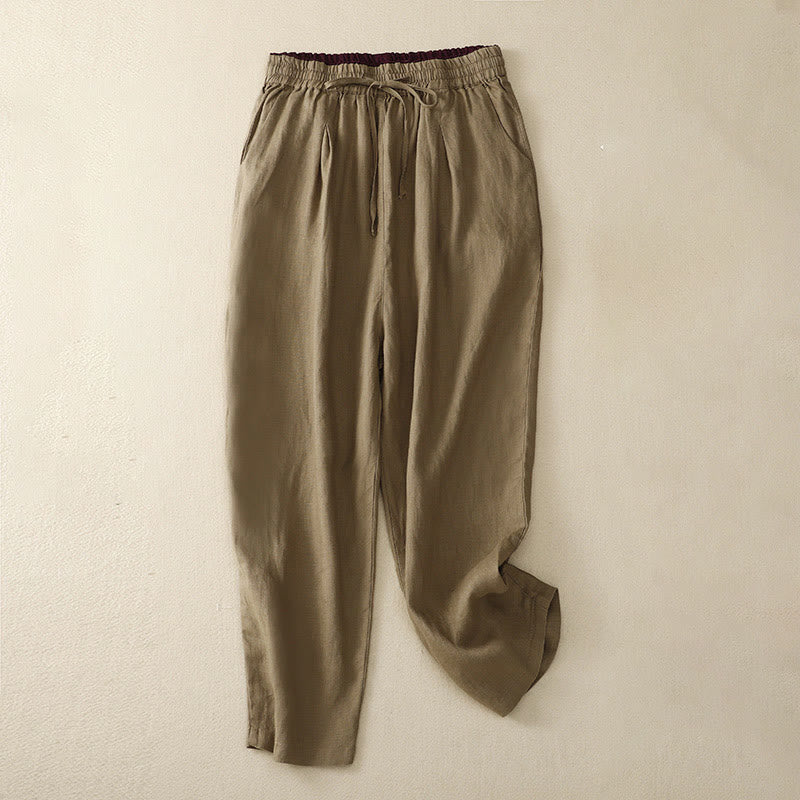 Vintage High Waist Lace-up Cotton Linen Harem Pants With Pockets