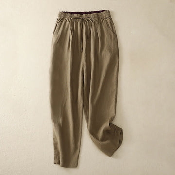 Vintage High Waist Lace-up Cotton Linen Harem Pants With Pockets
