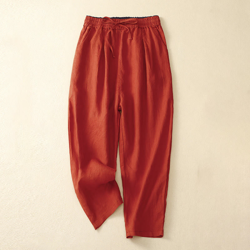 Vintage High Waist Lace-up Cotton Linen Harem Pants With Pockets