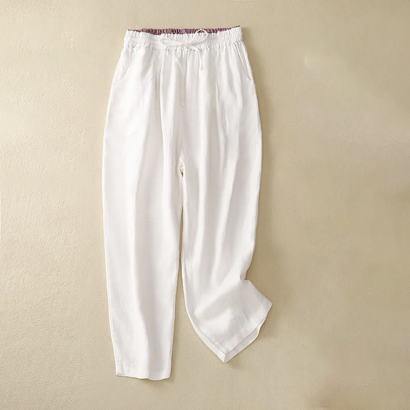Vintage High Waist Lace-up Cotton Linen Harem Pants With Pockets