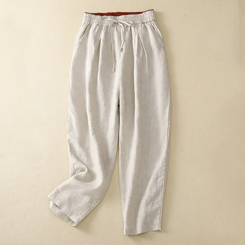Vintage High Waist Lace-up Cotton Linen Harem Pants With Pockets