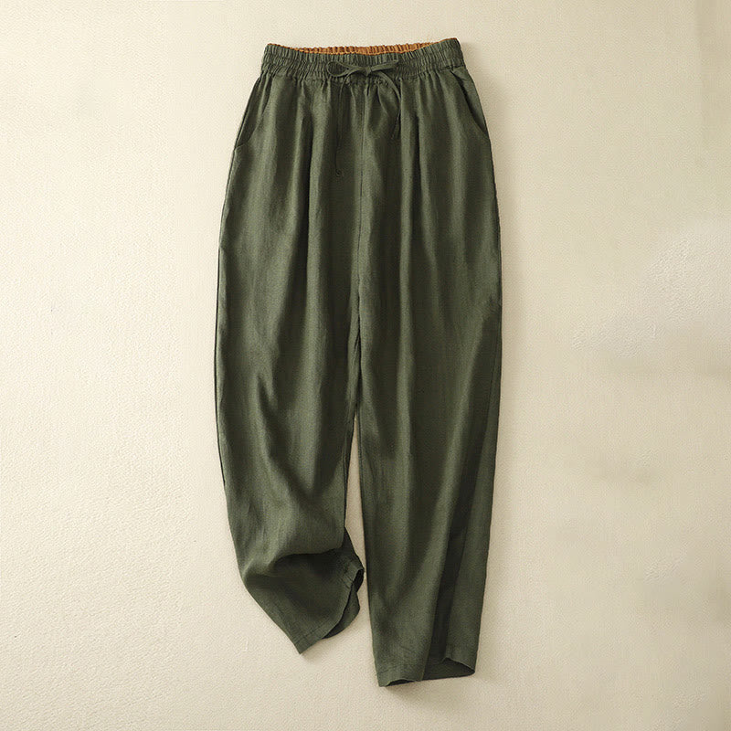 Vintage High Waist Lace-up Cotton Linen Harem Pants With Pockets