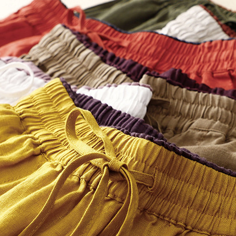 Vintage High Waist Lace-up Cotton Linen Harem Pants With Pockets