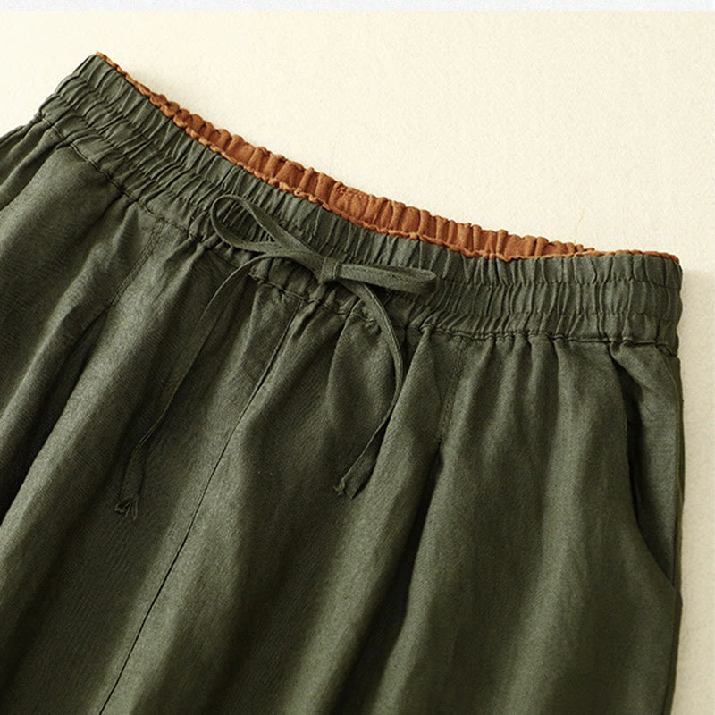 Vintage High Waist Lace-up Cotton Linen Harem Pants With Pockets