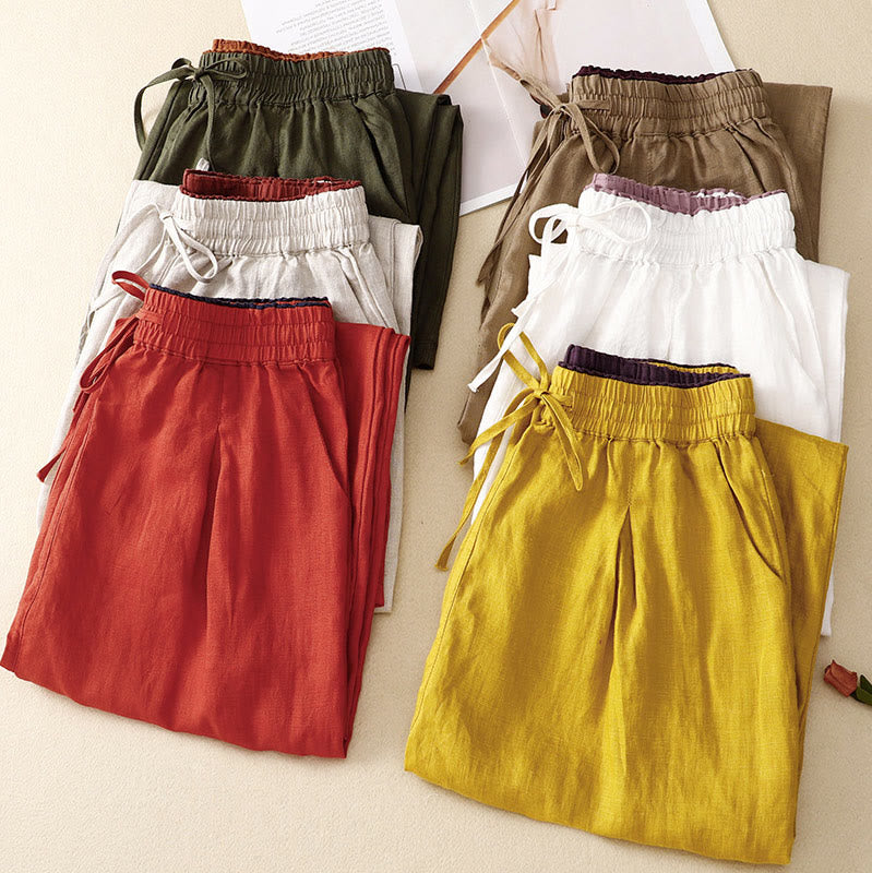 Vintage High Waist Lace-up Cotton Linen Harem Pants With Pockets