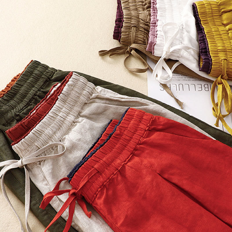 Vintage High Waist Lace-up Cotton Linen Harem Pants With Pockets