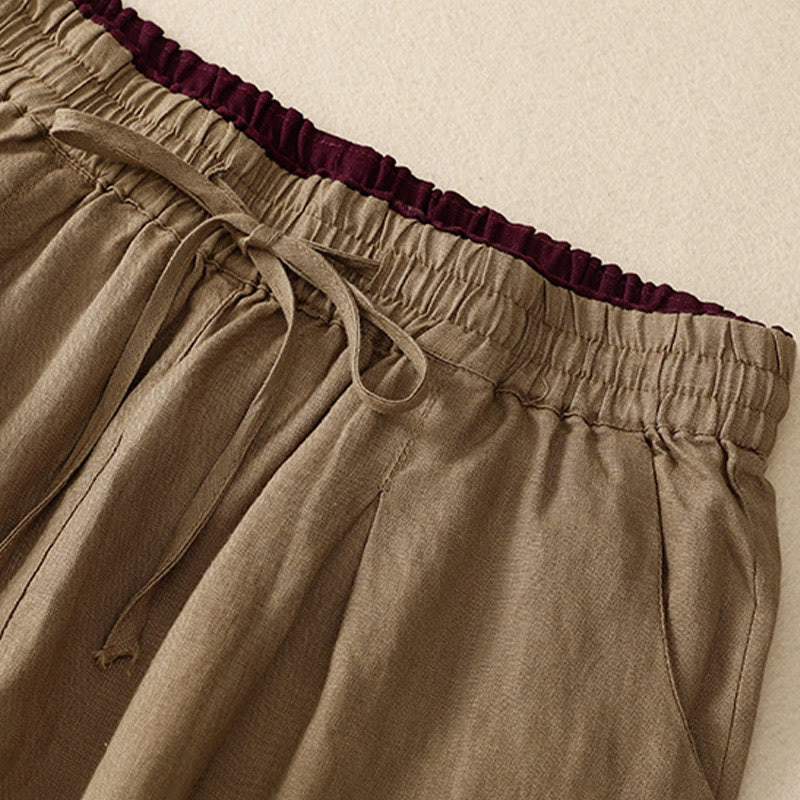 Vintage High Waist Lace-up Cotton Linen Harem Pants With Pockets