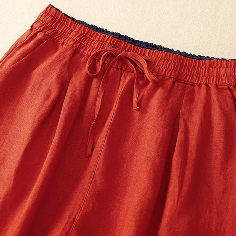 Vintage High Waist Lace-up Cotton Linen Harem Pants With Pockets