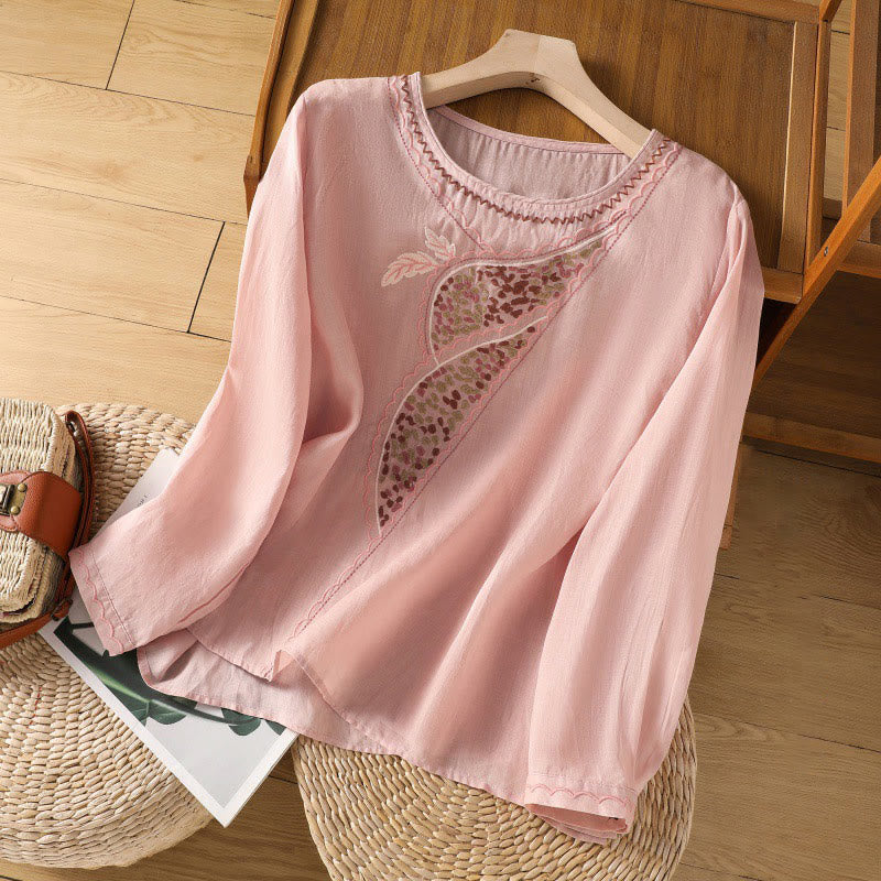 Ethnic Embroidery Crew Neck Cotton Linen Pullover Clothing