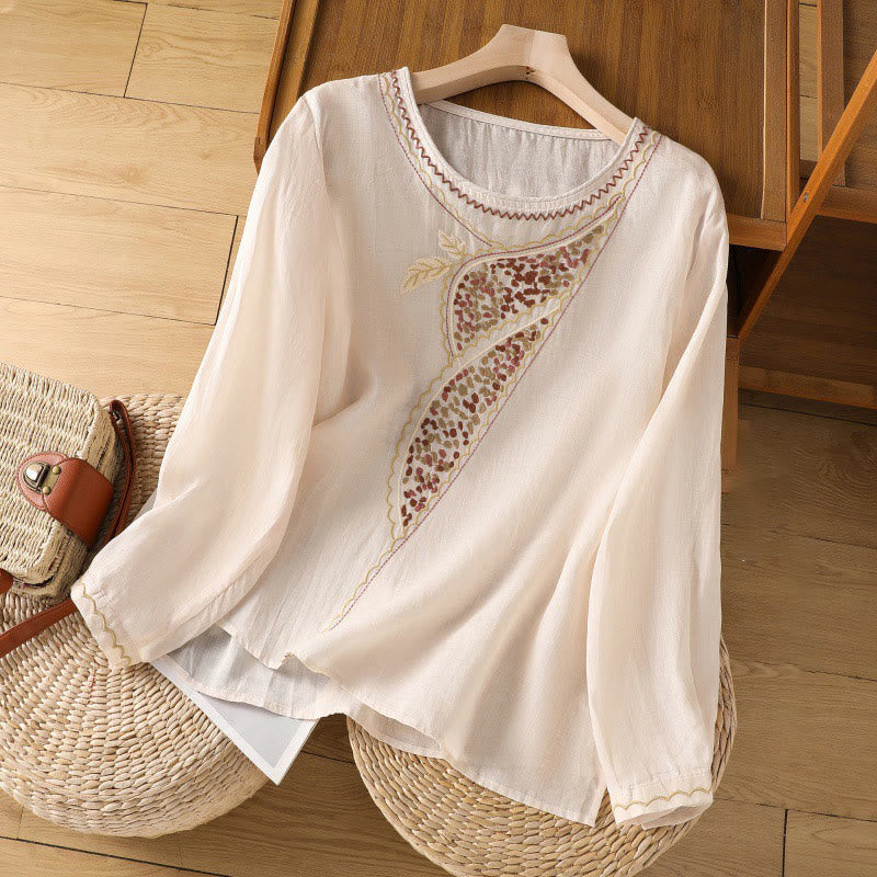 Ethnic Embroidery Crew Neck Cotton Linen Pullover Clothing