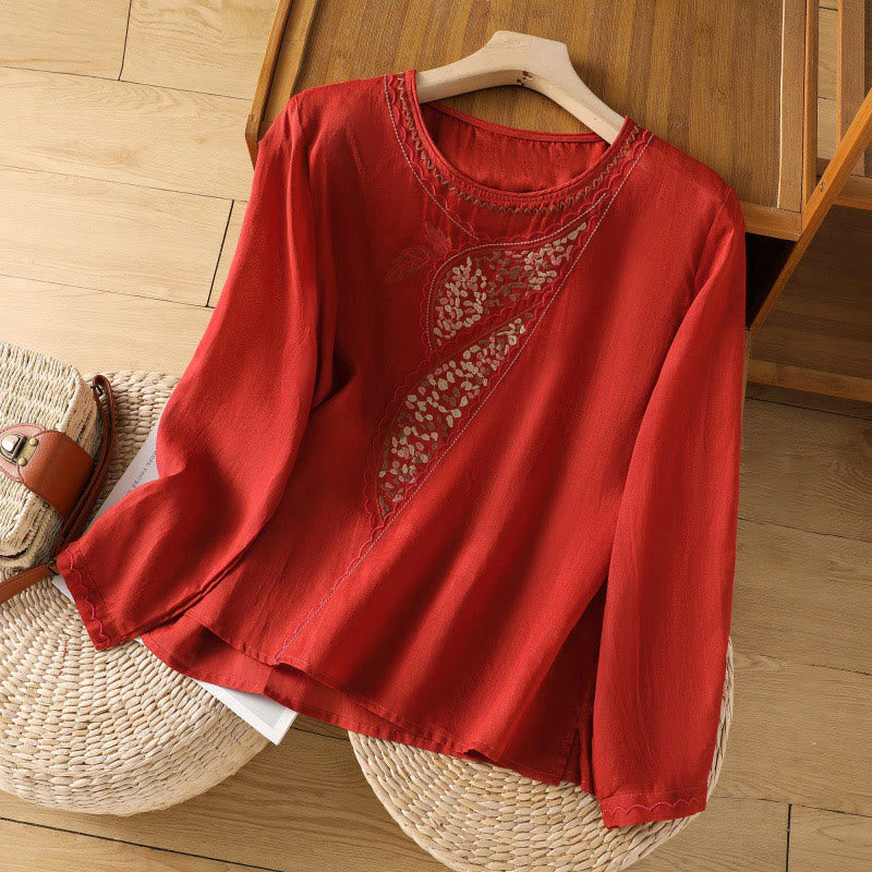Ethnic Embroidery Crew Neck Cotton Linen Pullover Clothing