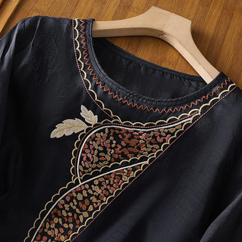 Ethnic Embroidery Crew Neck Cotton Linen Pullover Clothing