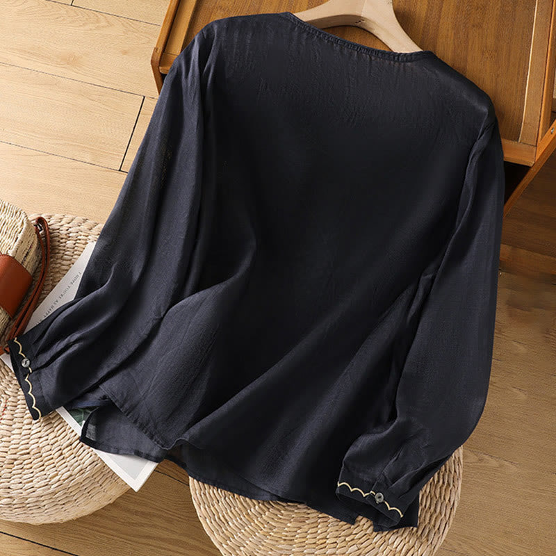 Ethnic Embroidery Crew Neck Cotton Linen Pullover Clothing
