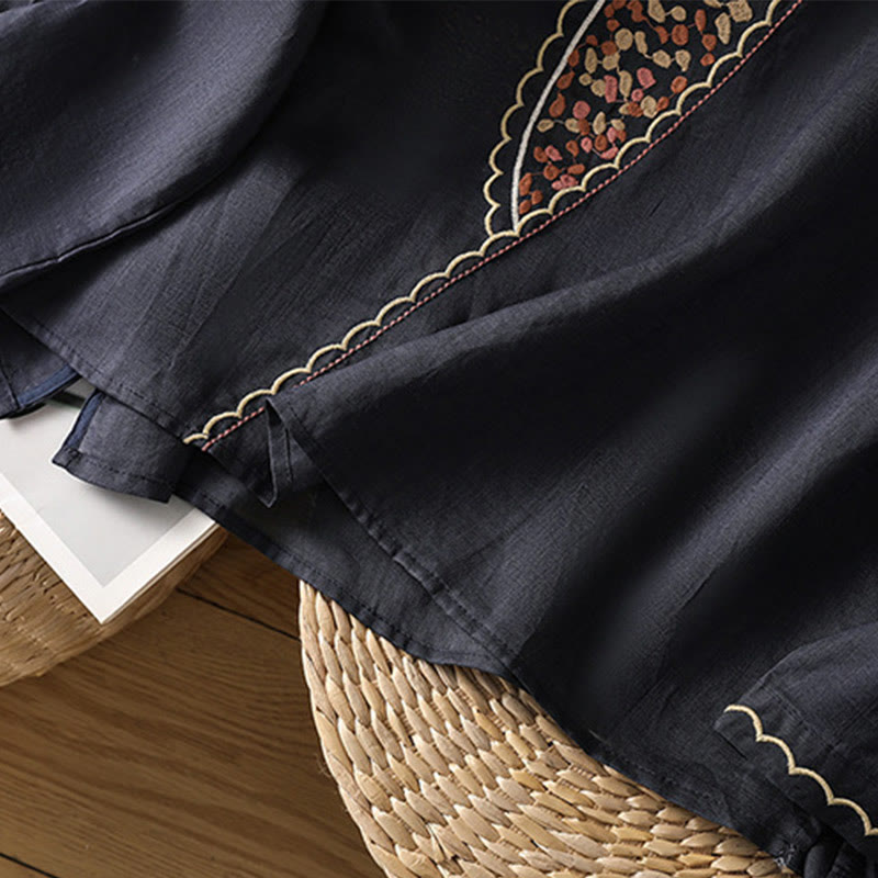 Ethnic Embroidery Crew Neck Cotton Linen Pullover Clothing