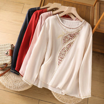 Ethnic Embroidery Crew Neck Cotton Linen Pullover Clothing