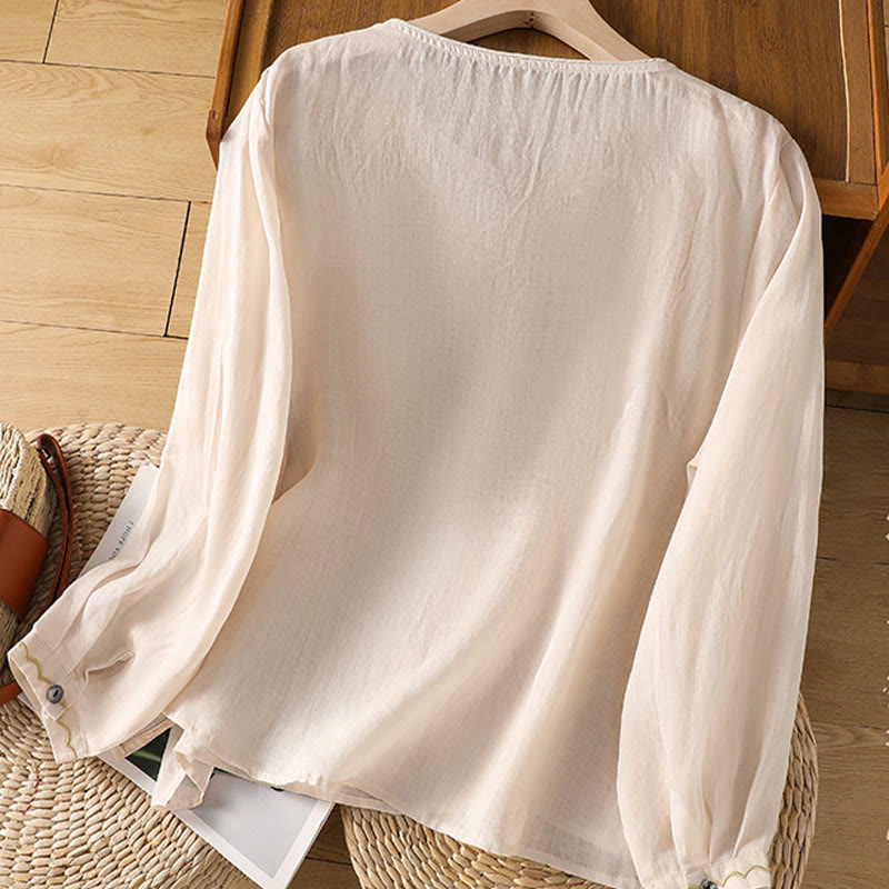Ethnic Embroidery Crew Neck Cotton Linen Pullover Clothing