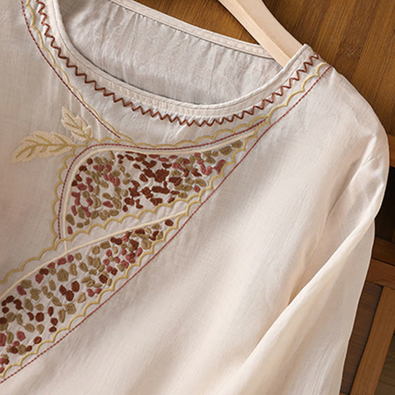 Ethnic Embroidery Crew Neck Cotton Linen Pullover Clothing