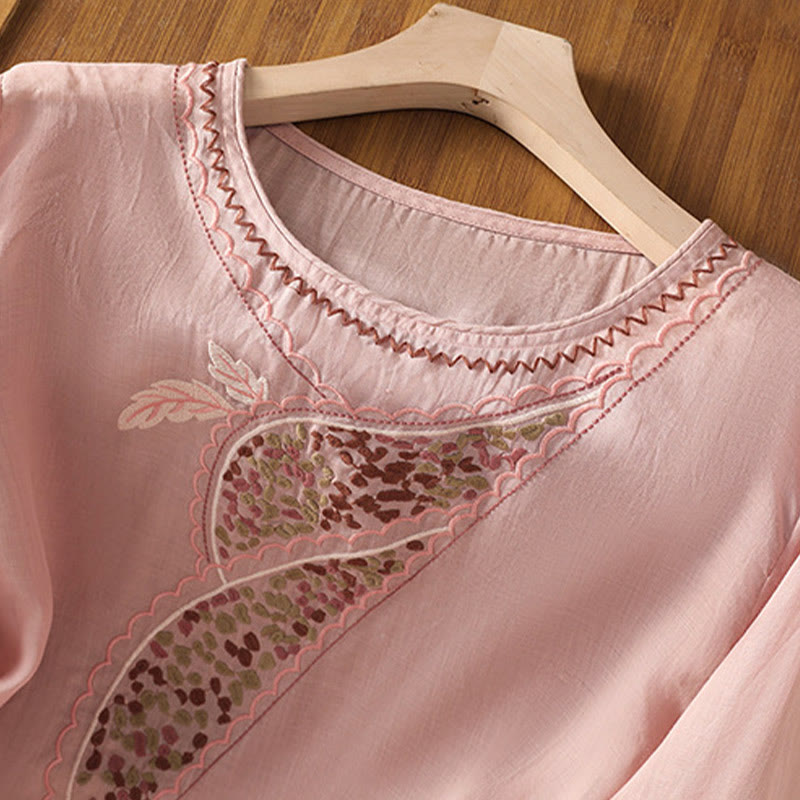 Ethnic Embroidery Crew Neck Cotton Linen Pullover Clothing