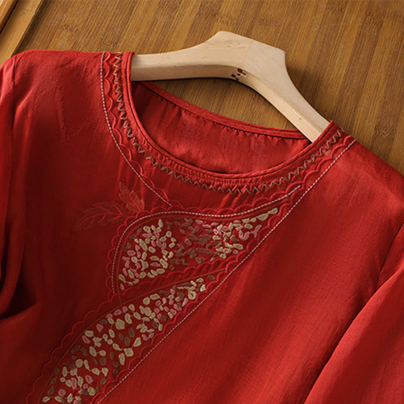 Ethnic Embroidery Crew Neck Cotton Linen Pullover Clothing