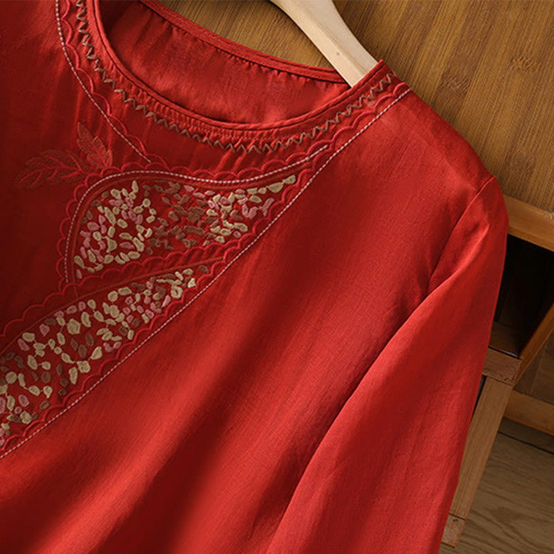 Ethnic Embroidery Crew Neck Cotton Linen Pullover Clothing
