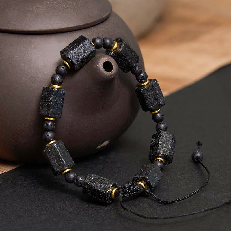 Geometric Black Tourmaline Love & Resilience Adjustable Beaded Bracelet