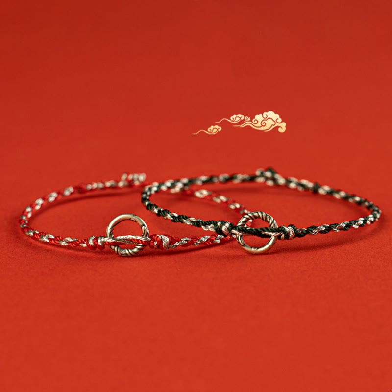 925 Sterling Silver Ping An Kou Peace Buckle with Black Tourmaline & Red String Bracelet