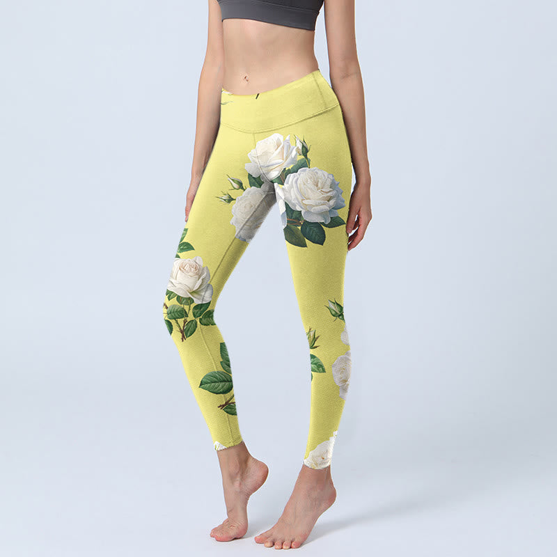 Yellow White Rose Print Sports Leggings Women's Yoga Pants
