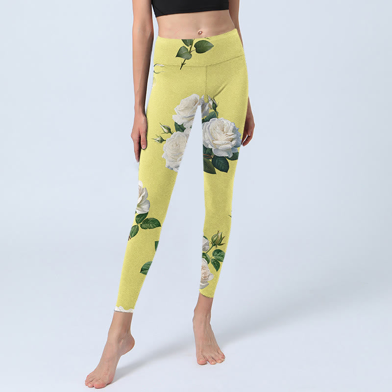 Yellow White Rose Print Sports Leggings Women's Yoga Pants
