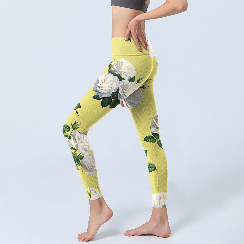 Yellow White Rose Print Sports Leggings Women's Yoga Pants