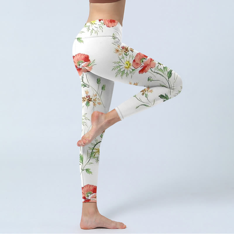 White Daisy Red Flower Print Sports Leggings Women's Yoga Pants