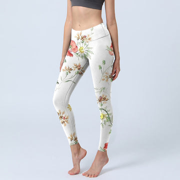 White Daisy Red Flower Print Sports Leggings Women's Yoga Pants